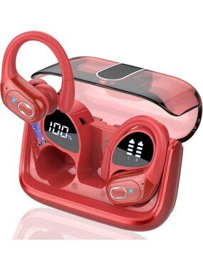 Wireless Red Stereo Deep Bass Earhooks Waterproof 75hrs Bluetooth 5.4 Earbud